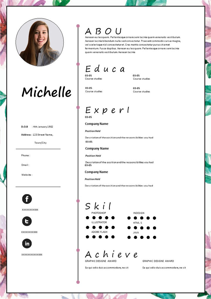 清新唯美教师助理相关岗位个人通用英文简历Word模板-办公资源网