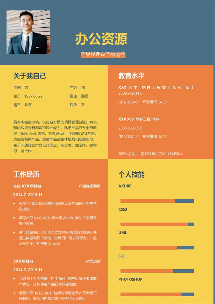 商务风产品运营产品经理通用个人简历Word模板-办公资源网