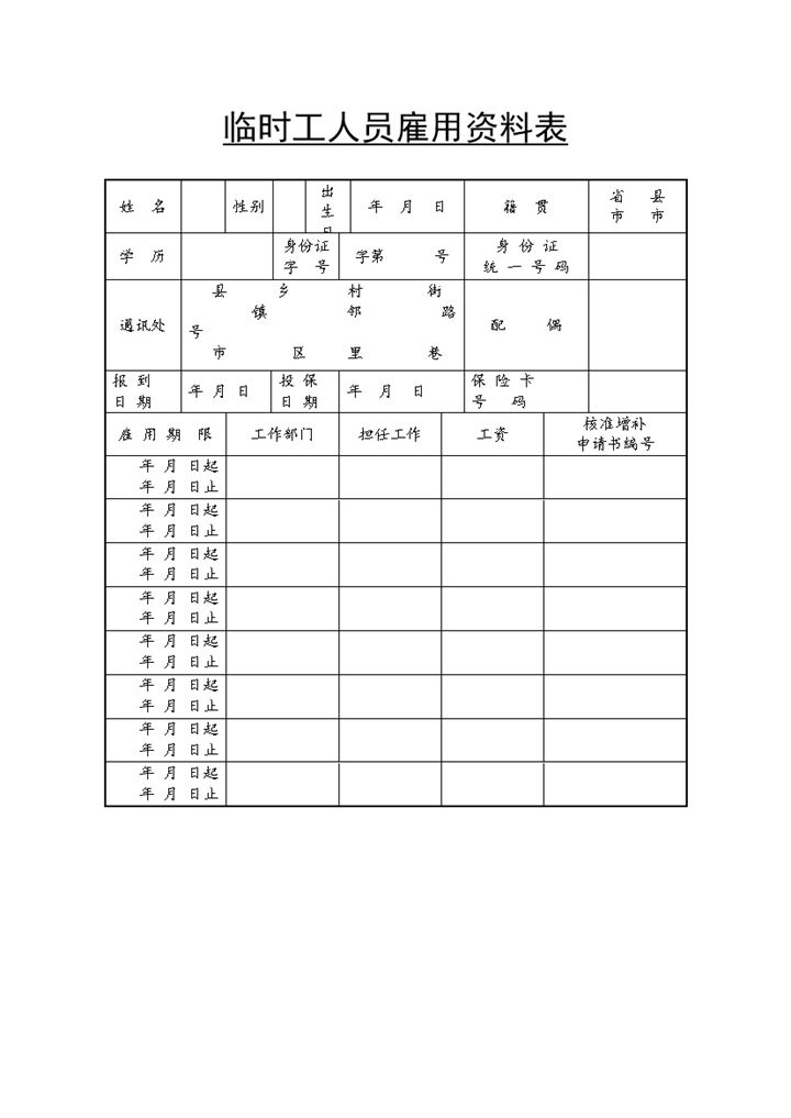企业临时工人员雇用资料表Word模板-办公资源网