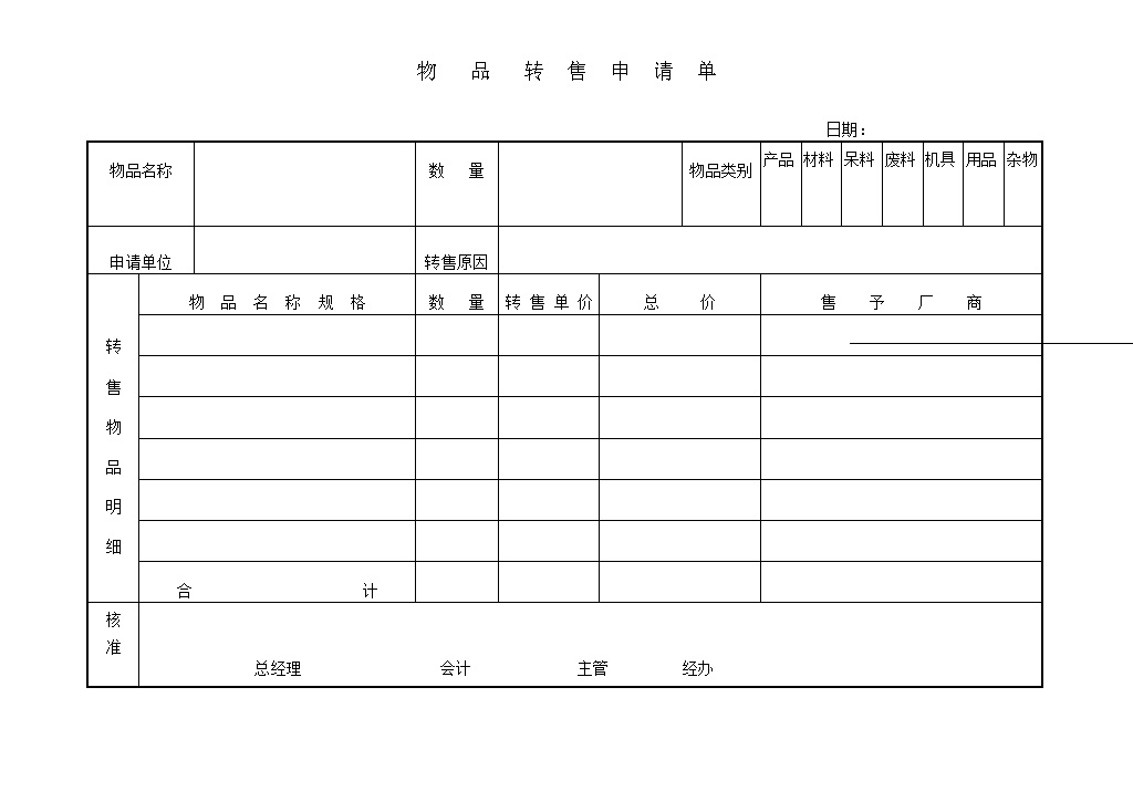 物品转售数量原因详情登记记录申请单word模板-办公资源网