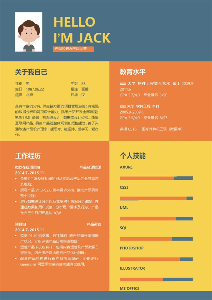 橙黄色多年工作经验求职简历Word模板-办公资源网