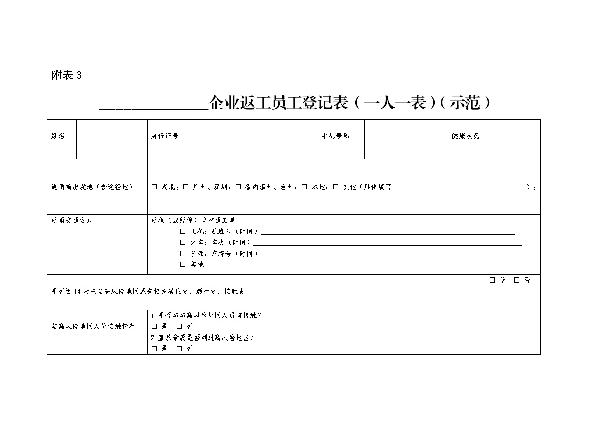 XX企业返工员工登记表（一人一表）Word模板-办公资源网