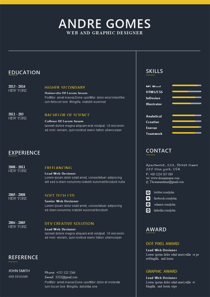 黑色网页和平面设计师通用英文简历个人简历求职简历Word模板-办公资源网