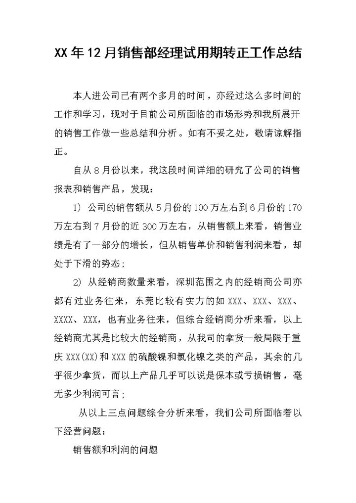销售部经理个人试用期转正年终工作总结Word模板-办公资源网
