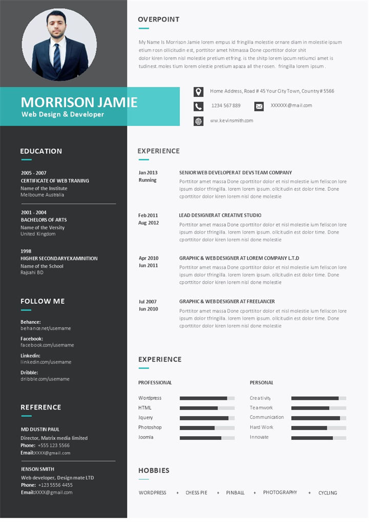 欧美风英文简历网页设计与开发者通用求职简历个人简历Word模板-办公资源网