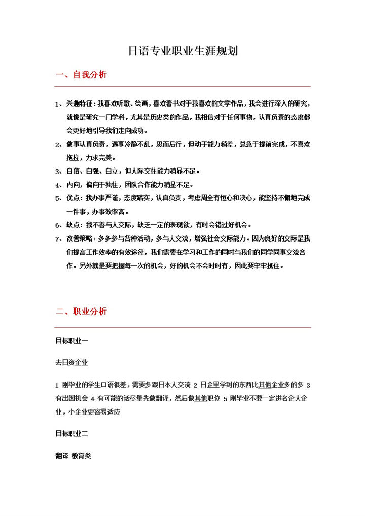 日语专业职业生涯规划书Word模板-办公资源网