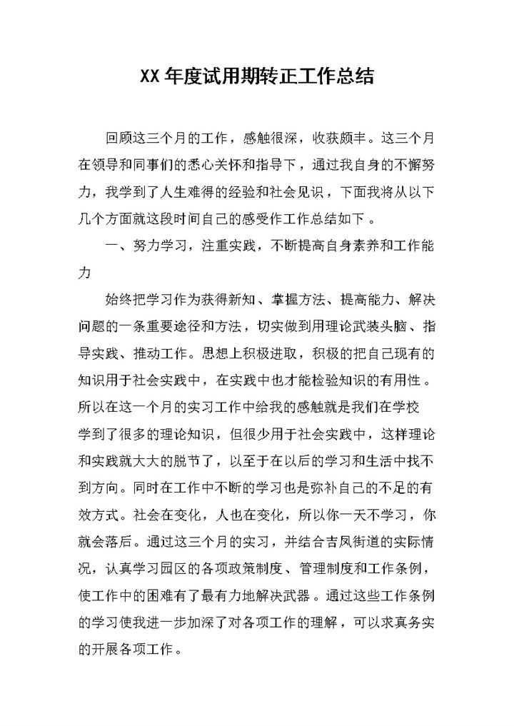 精选版20XX年度员工试用期转正工作总结范本Word模板-办公资源网