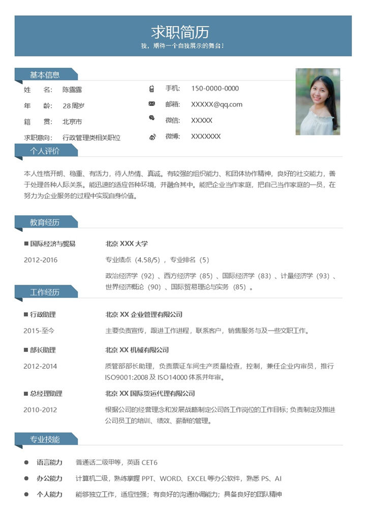 行政管理类相关职位个人求职简历Word模板-办公资源网