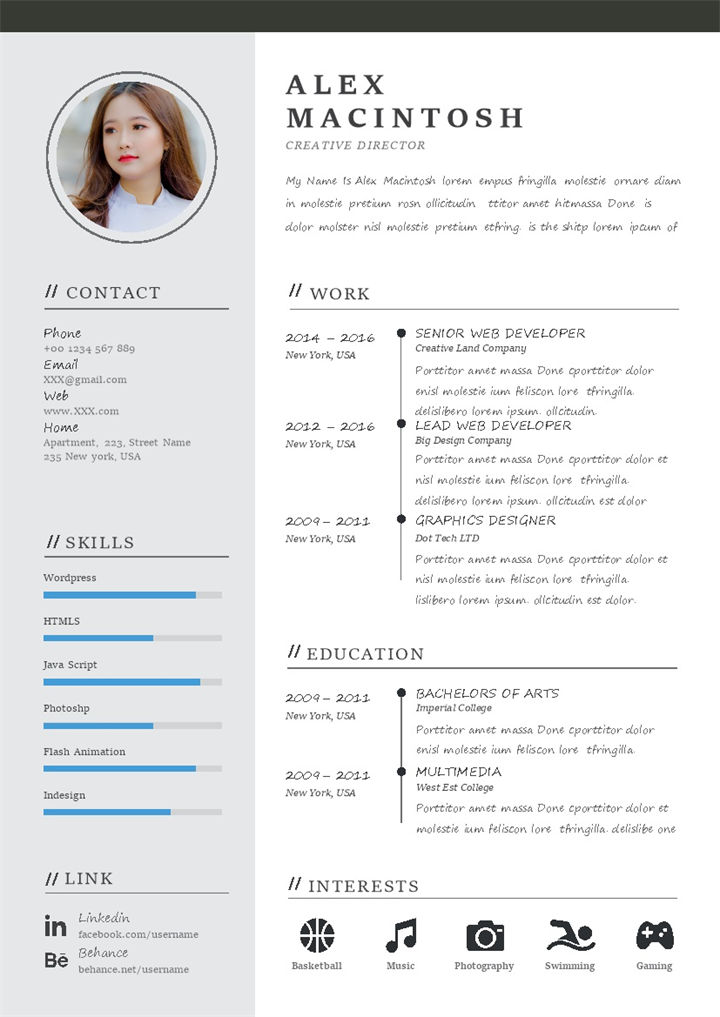 灰色简约风创意总监求职简历Word模板-办公资源网