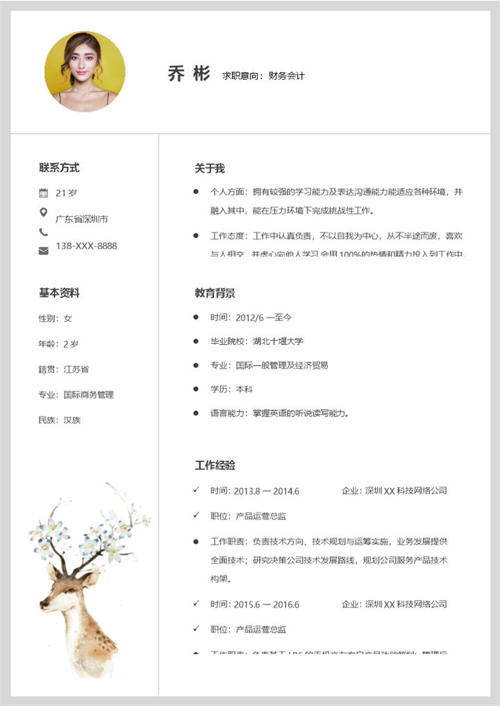 文艺风财务会计个人工作简历Word模板-办公资源网