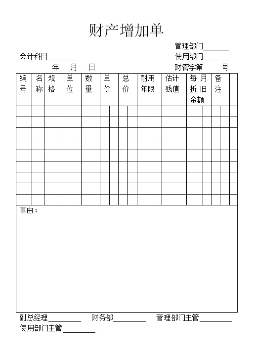 公司单位财产增加明细登记单Word模板-办公资源网