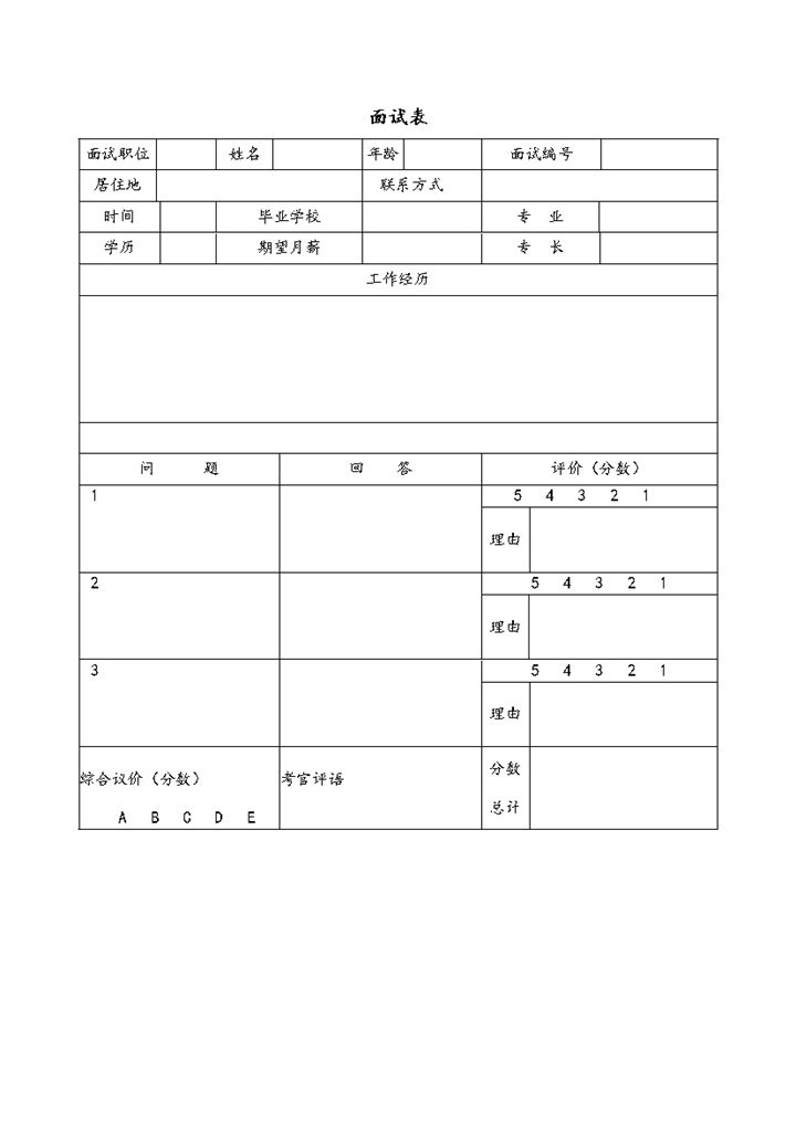 员工初试hr专用简单面试综合评价表Word模板-办公资源网