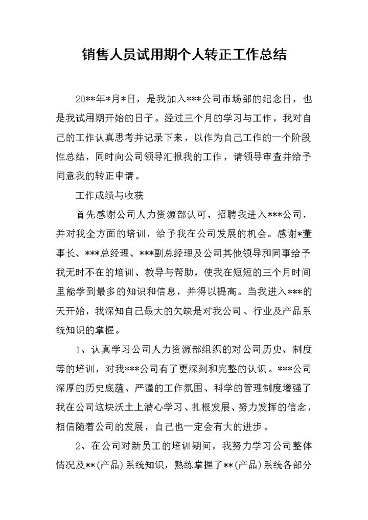 销售人员试用期个人转正年终工作总结Word模板-办公资源网