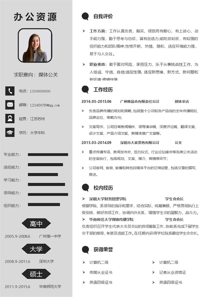 简约通用灰色pr媒体公关求职简历Word模板-办公资源网