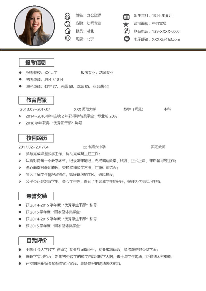 幼师专业研究生个人复试简历Word模板-办公资源网