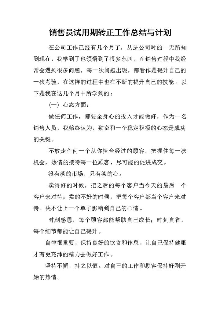 企业销售员试用期转正年终工作总结与计划Word模板-办公资源网