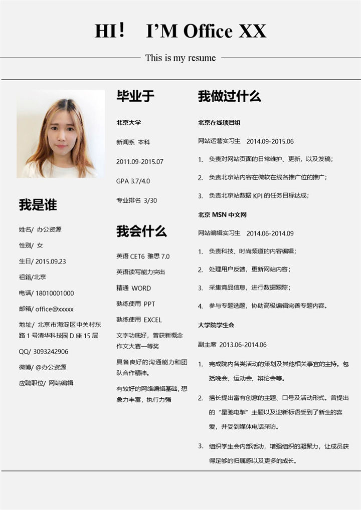 个人求职竞聘网站编辑自我介绍Word简历模板-办公资源网