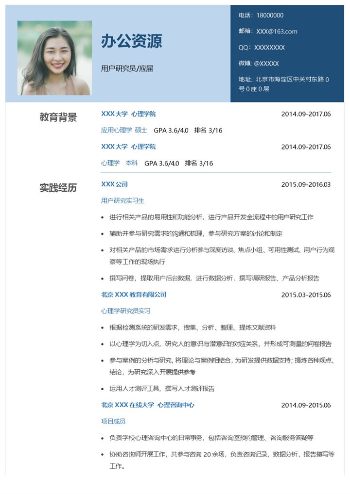 蓝色商务风用户研究员求职通用个人简历Word模板-办公资源网