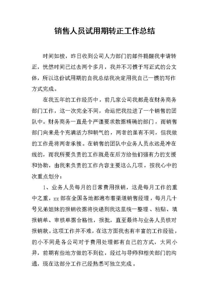 系统完整销售人员试用期转正年终工作总结Word模板-办公资源网