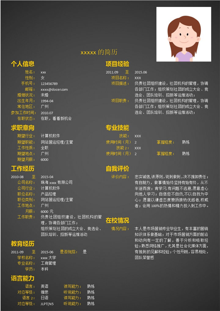 黑色简洁商务风网站运营求职简历Word模板-办公资源网