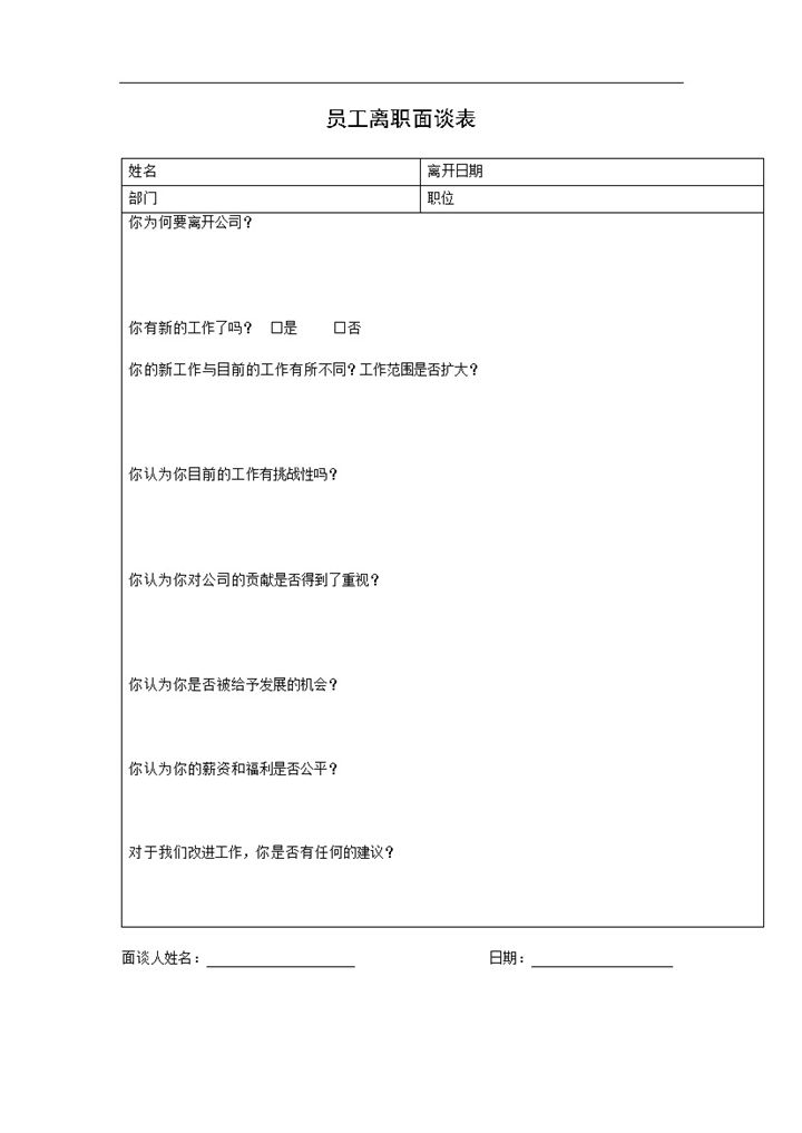 公司人事部常用离职面谈表Word模板-办公资源网