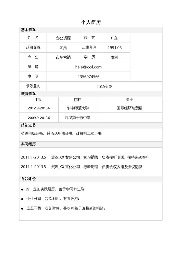表格式求职简历市场营销专业毕业求职简历Word模板-办公资源网