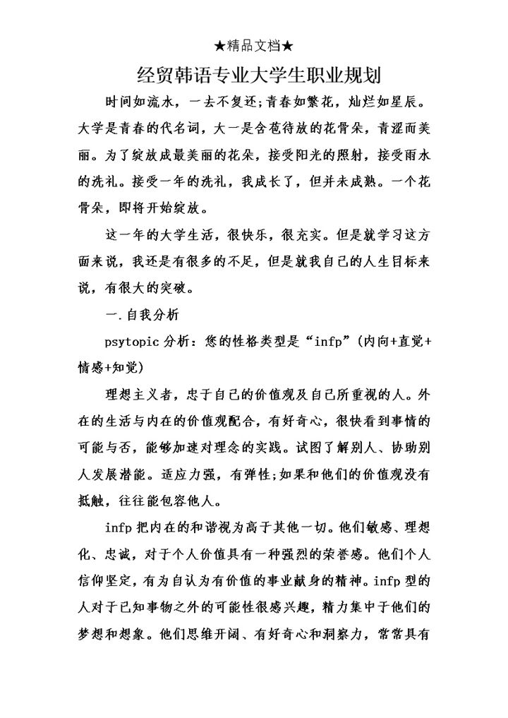 经贸韩语专业大学生职业规划书范本Word模板-办公资源网
