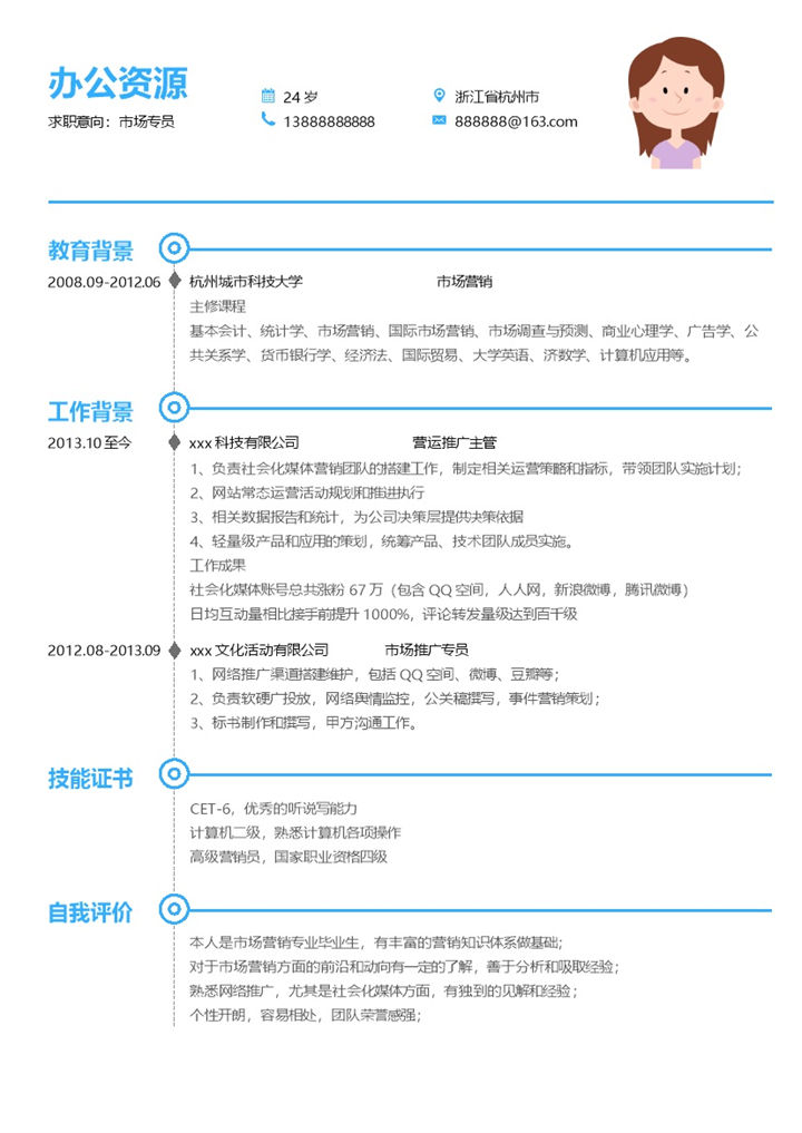 蓝色线条市场专员销售方面求职简历Word模板-办公资源网