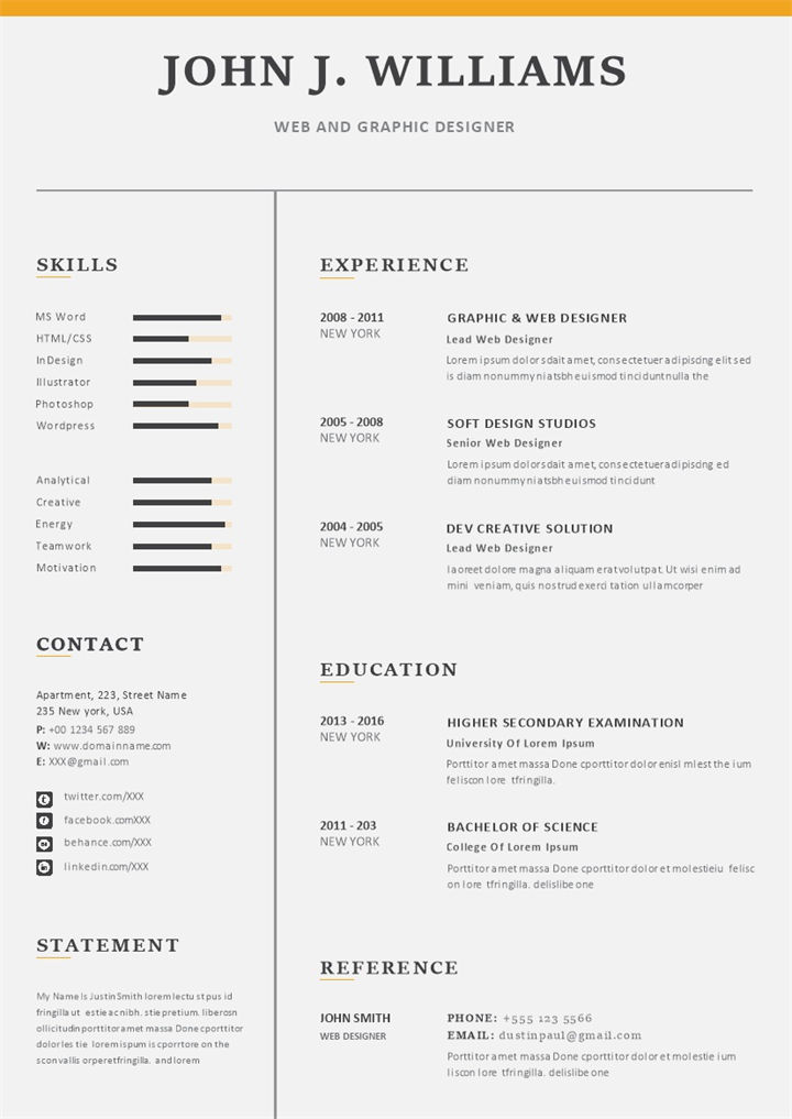 经典欧美风英文简历网页和平面设计师通用求职简历个人简历Word模板-办公资源网