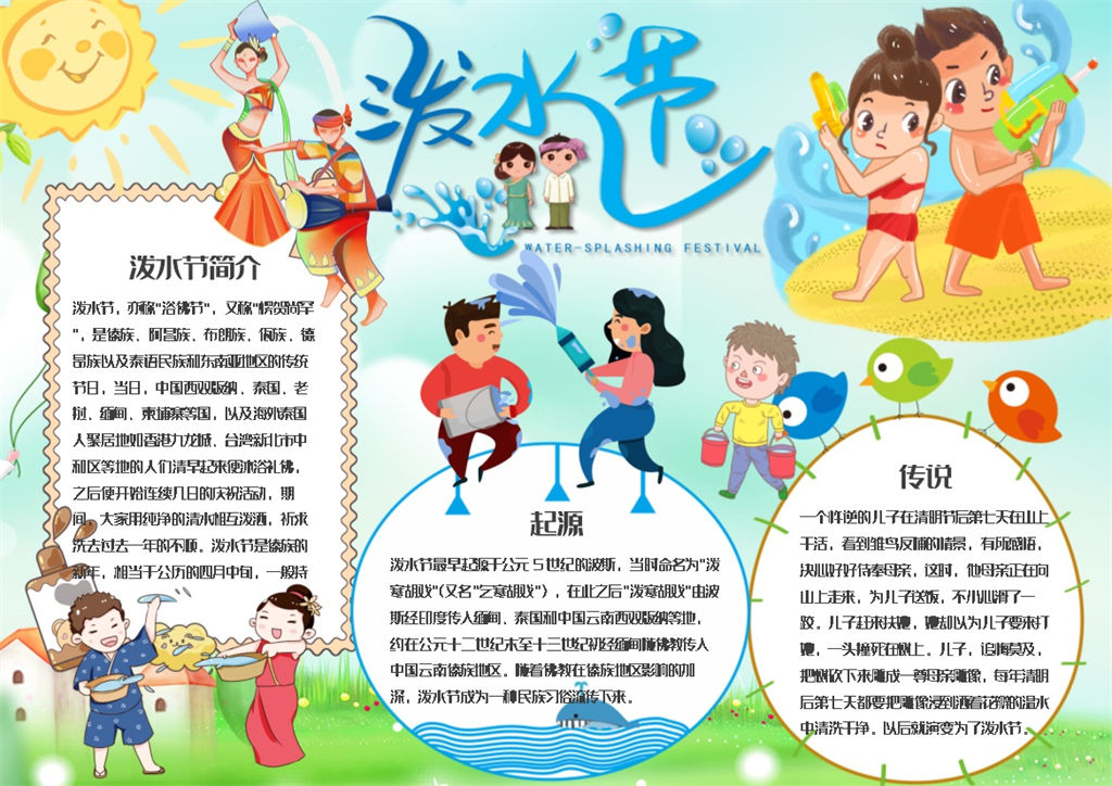 蓝色卡通泼水节日欢乐庆祝手抄报Word模板-办公资源网