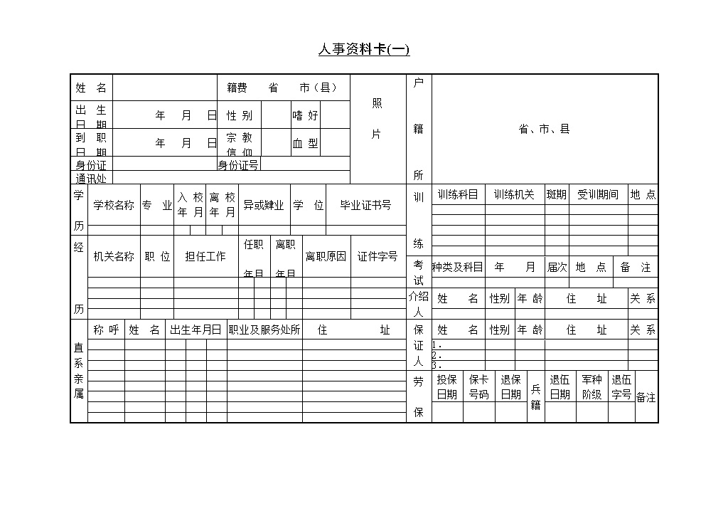 关于公司员工人事资料卡Word模板-办公资源网