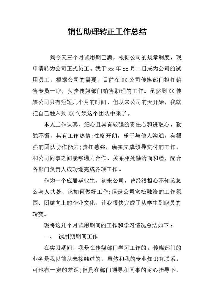 完整实用销售助理个人转正年终工作总结Word模板-办公资源网