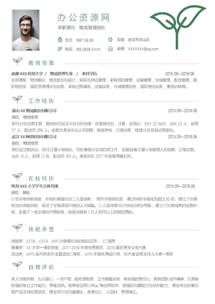 绿色小清新风格物流管理个人求职简历Word模板-办公资源网