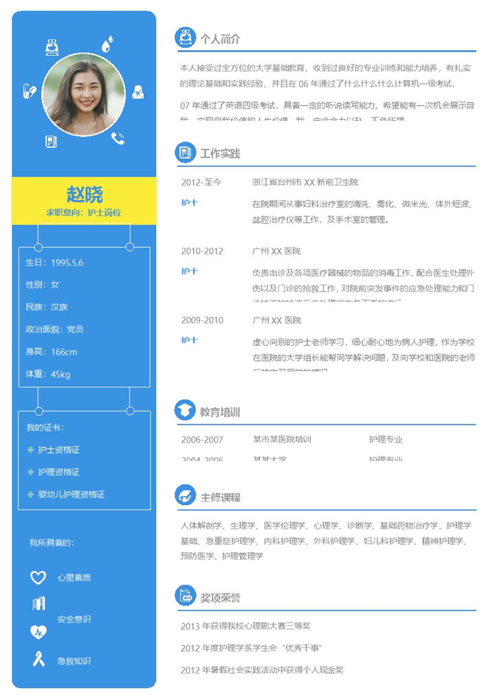 蓝色大气护士岗位个人应聘简历Word模板-办公资源网