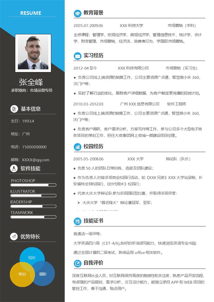 活泼大气市场运营专员个人求职简历Word模板-办公资源网