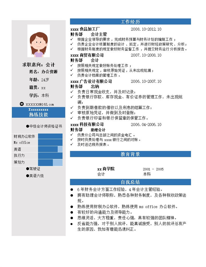 蓝色简历模板会计职位word模板-办公资源网