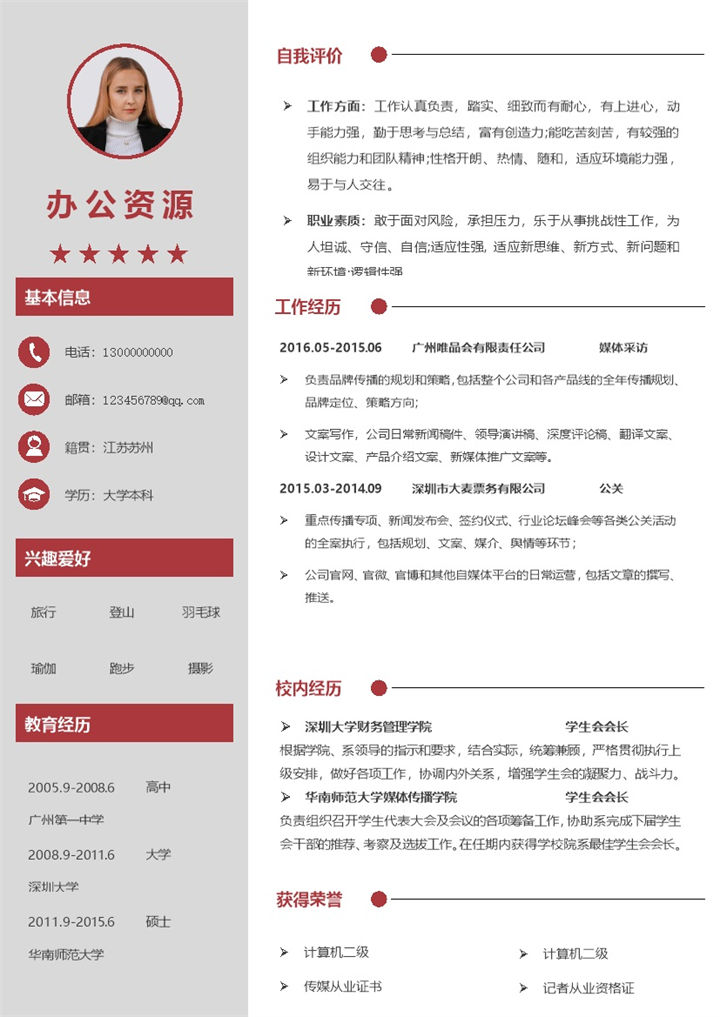 灰色简约通用媒体公关工作求职简历Word模板-办公资源网