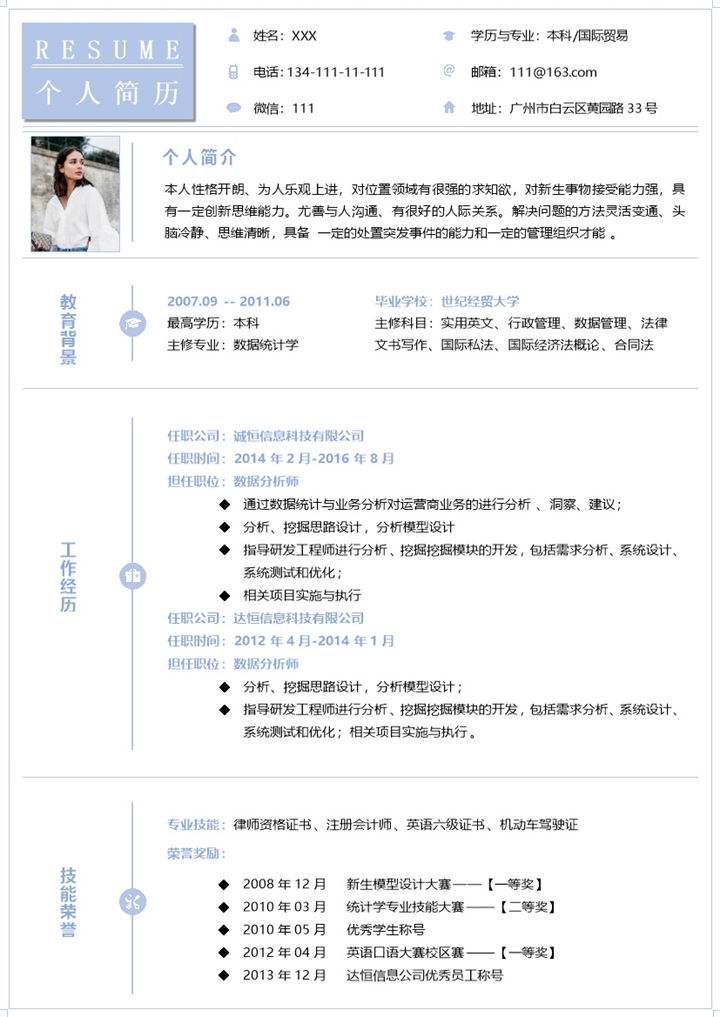蓝色简约数据分析师应聘个人简历Word模板-办公资源网