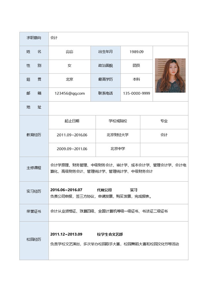 简约会计岗位应聘简历表格Word模板-办公资源网