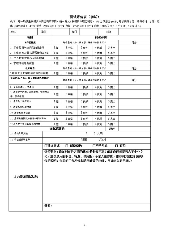 员工初试hr专用简单面试评价表Word模板-办公资源网