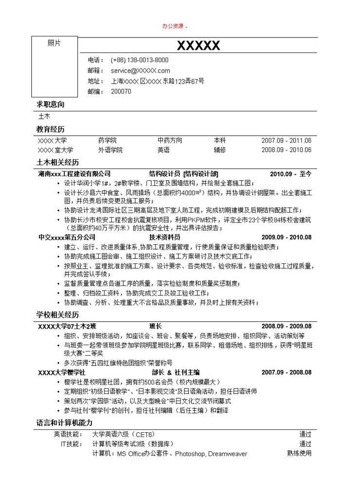 土木类专业市场招聘简历求职简历Word模板-办公资源网
