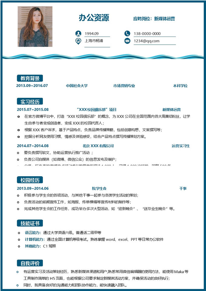 新媒体运营类工作通用岗位求职简历Word模板-办公资源网