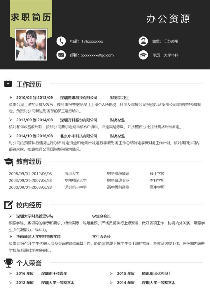 商务极简风财务总监通用求职简历Word模板-办公资源网