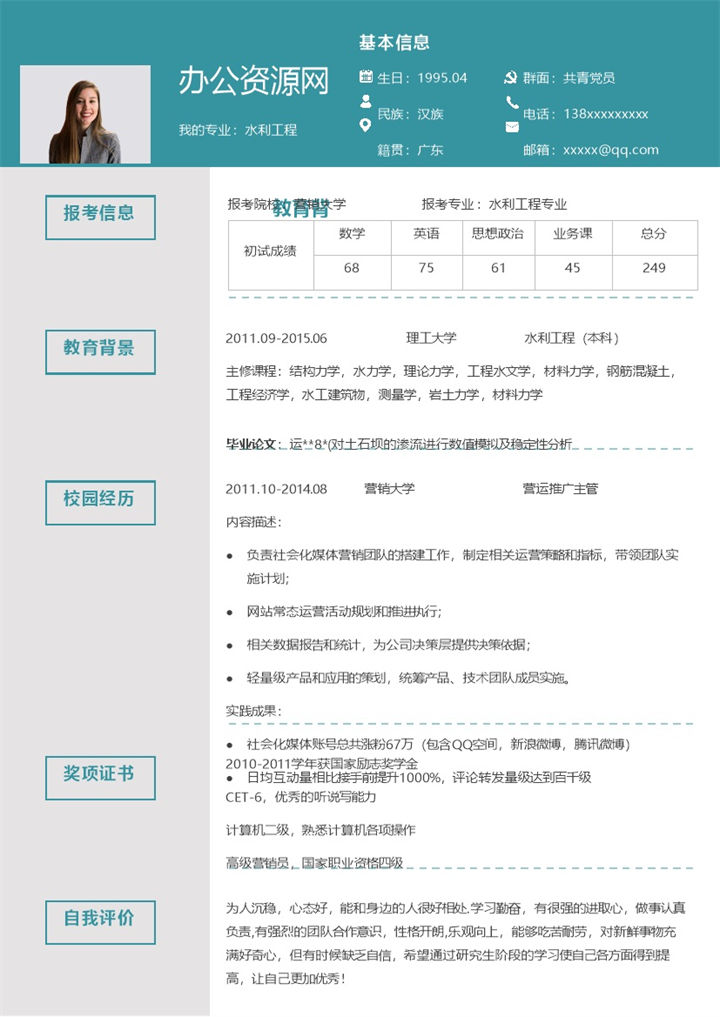 浅蓝色商务风格水利工程专业个人求职简历Word模板-办公资源网