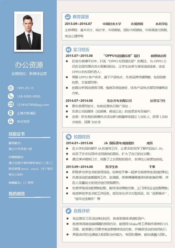 蓝色大气现代风新媒体运营求职简历word模板-办公资源网