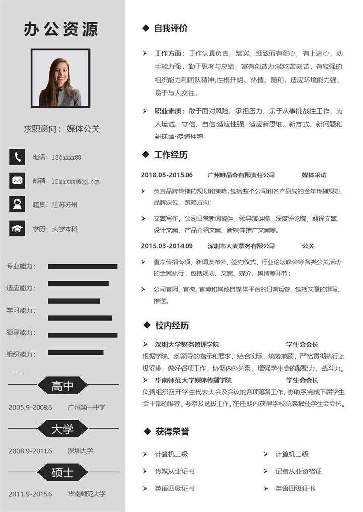 简约灰色pr媒体公关工作求职简历Word模板-办公资源网