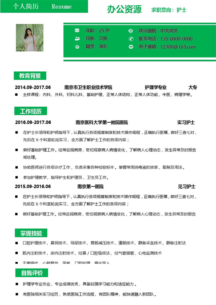 绿色简洁护士个人求职应聘简历Word模板-办公资源网