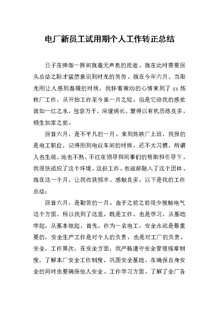 电厂新员工试用期通用转正个人工作总结范本Word模板-办公资源网