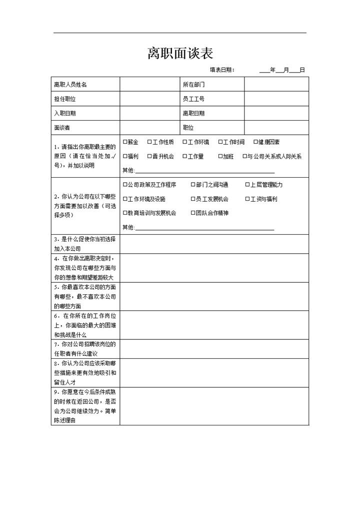 企业人力部门常用离职面谈表Word模板-办公资源网