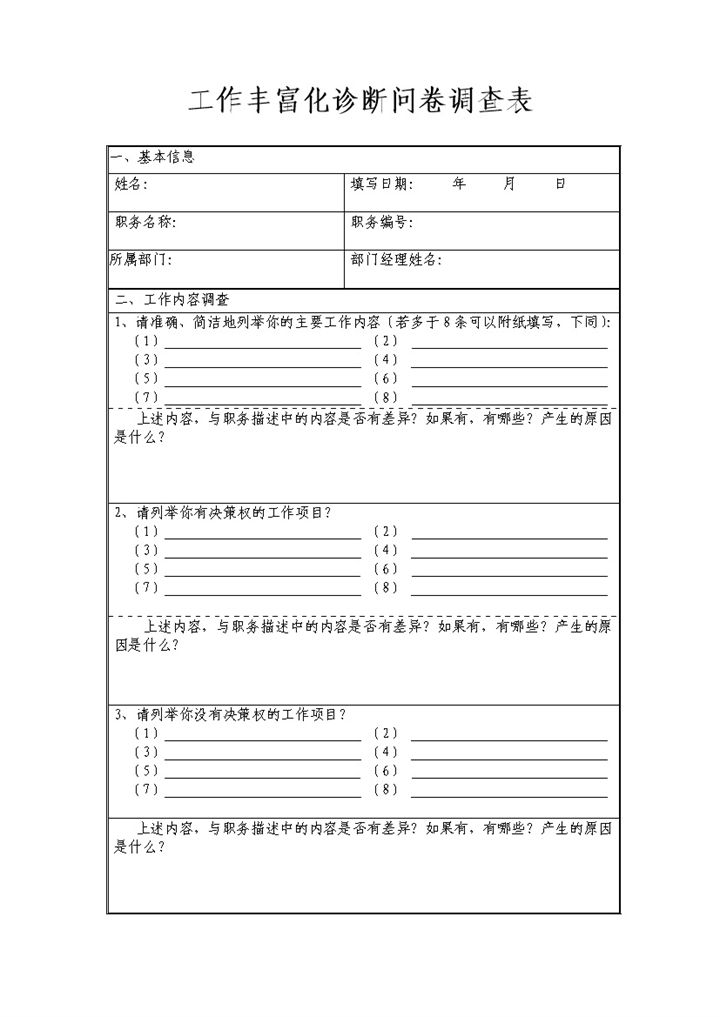 工作丰富化诊断问卷调查表Word模板-办公资源网